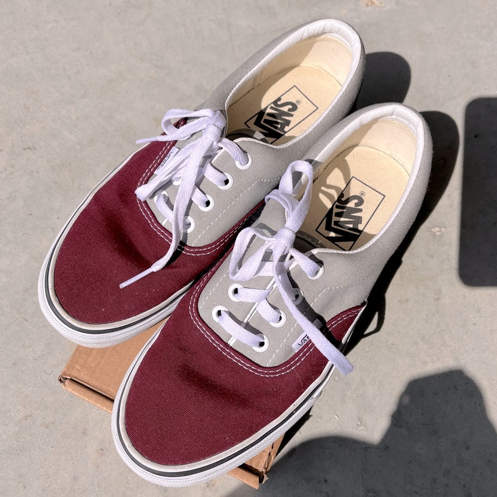 Vans color block sneaker, burgundy/maroon and grey
